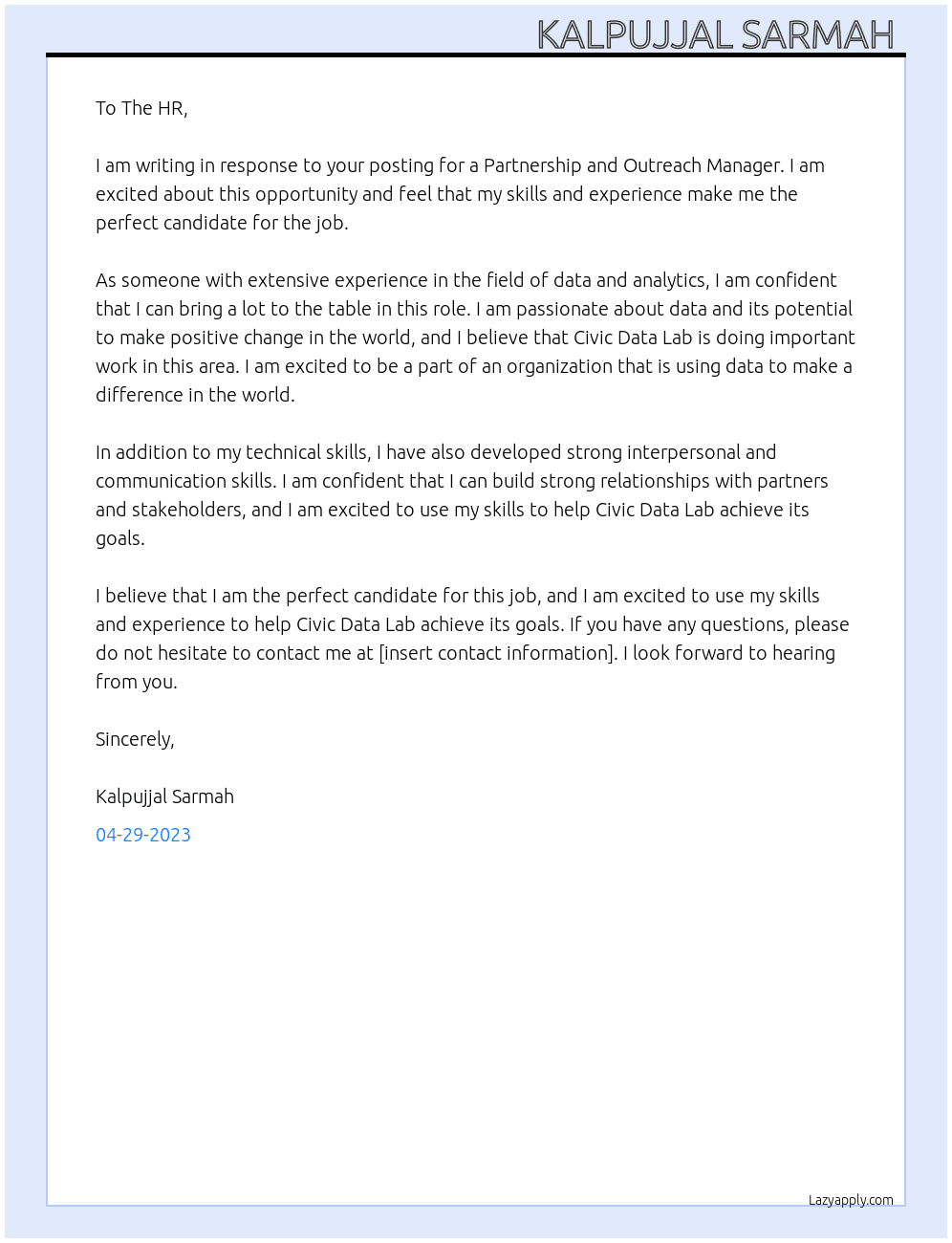 Partnership and outreach manager  At Civic Data lab Cover Letter