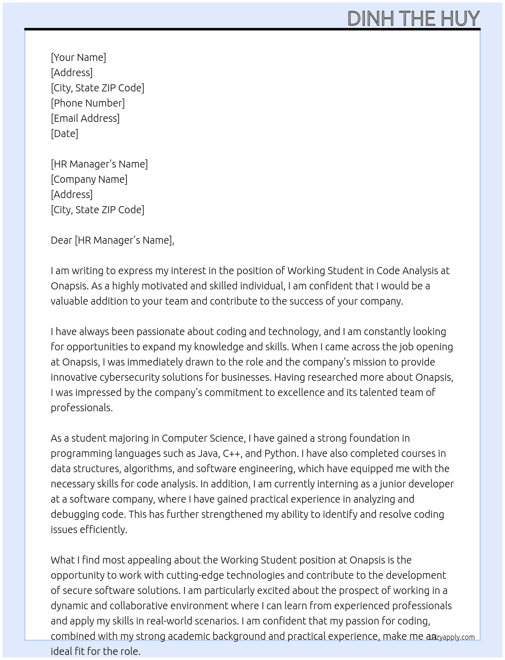 Working Student in Code Analysis At Onapsis Cover Letter