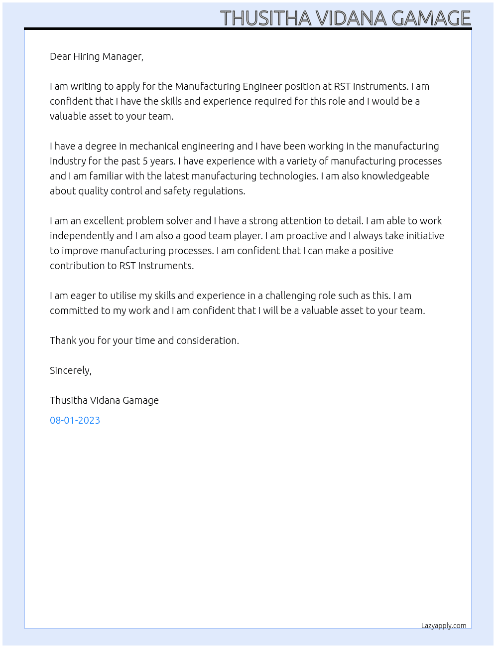 Manufacturing Engineer At RST Instruments Cover Letter