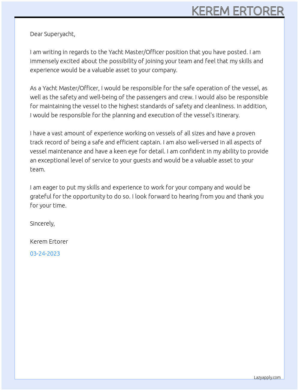 Yacht Master / Officer At Superyacht Cover Letter