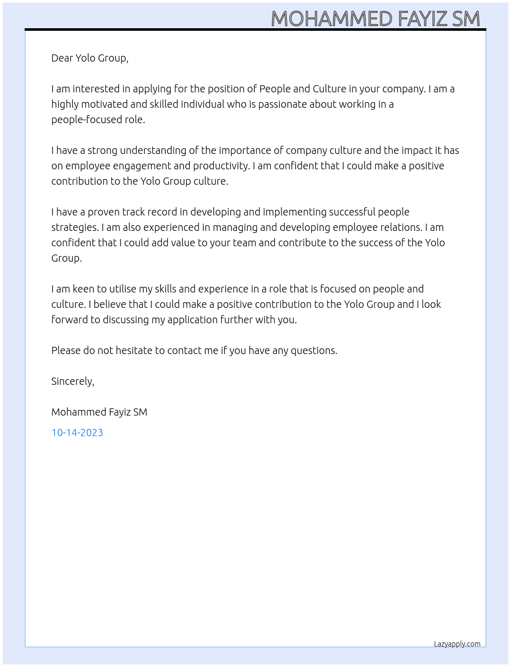 People and culture  At Yolo group  Cover Letter