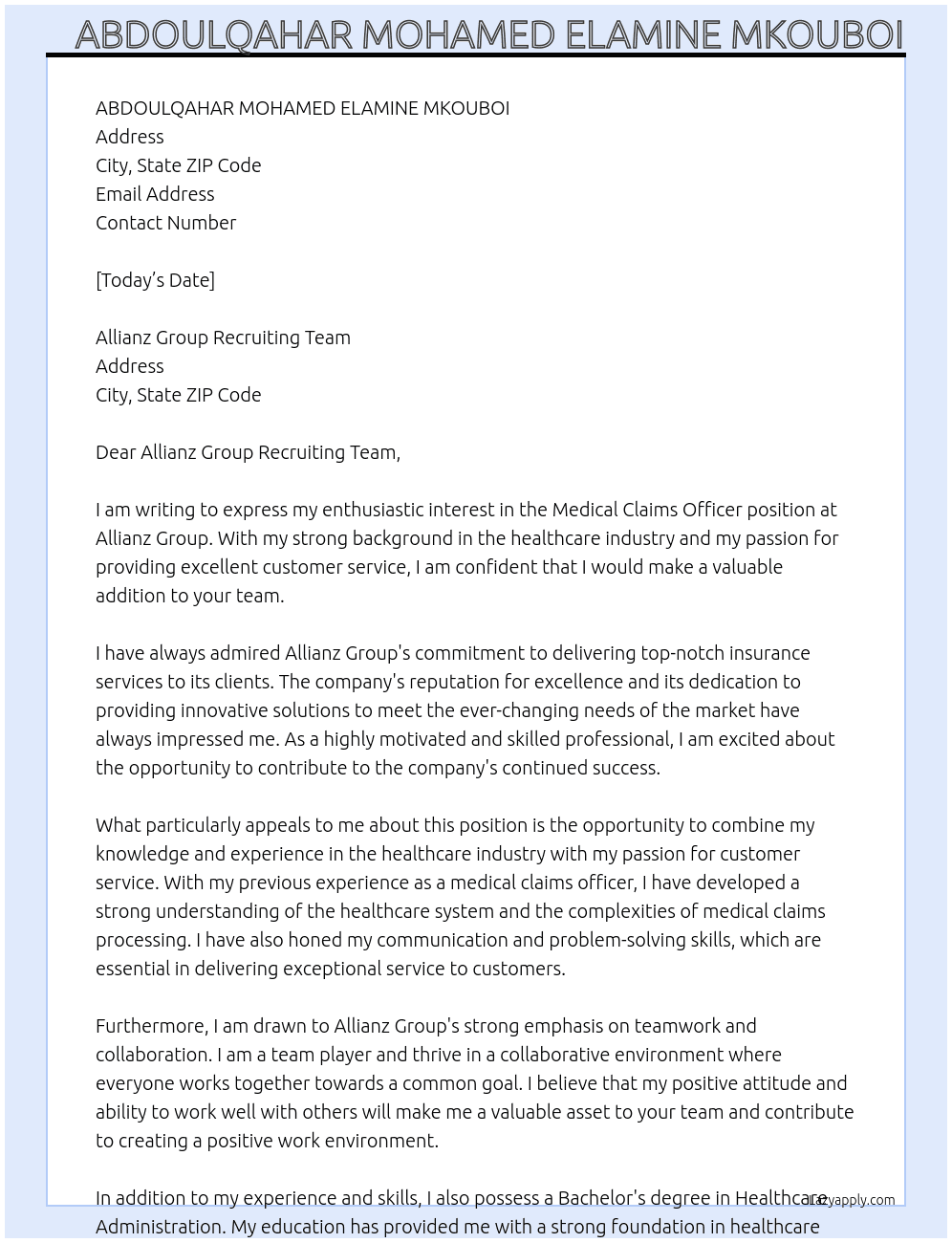 Medical Claims Officer  At Allianz Group Cover Letter