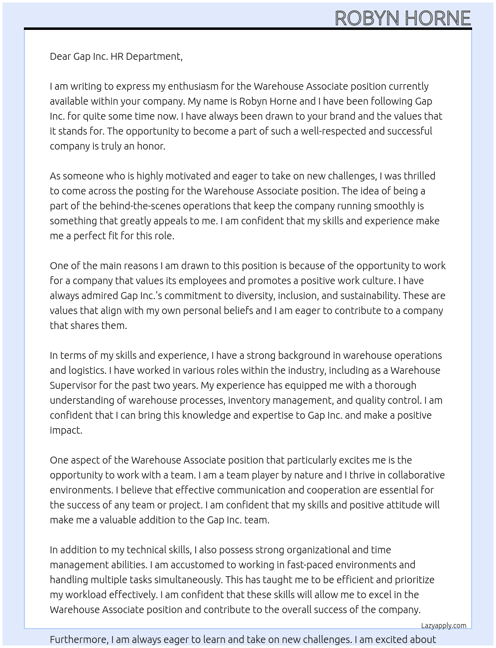 Warehouse Associate  At Gap inc. Cover Letter