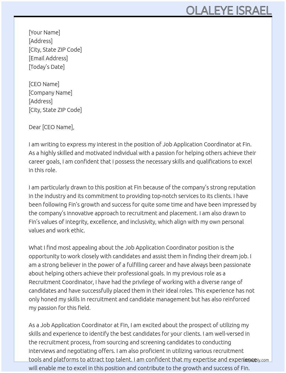 Job Application Coordinator  At Fin Cover Letter