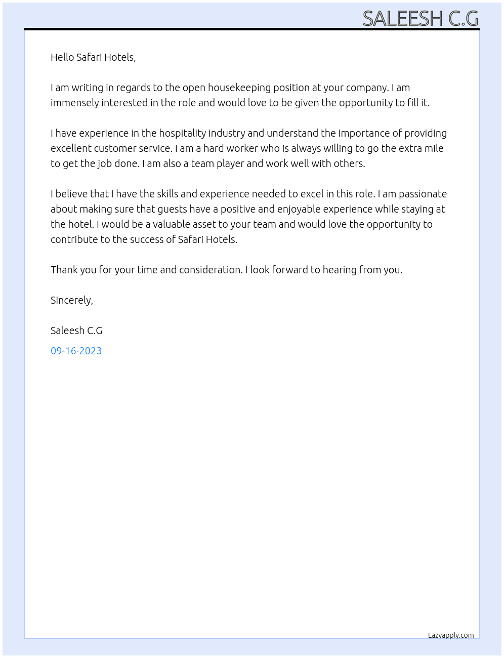Housekeeping At Safari Hotels Cover Letter