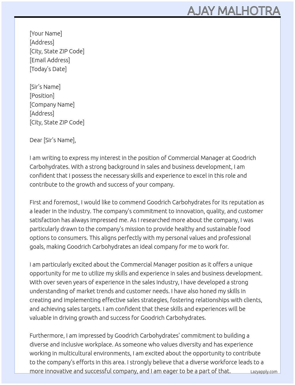 Commercial manager  At Goodrich carbohydrates  Cover Letter