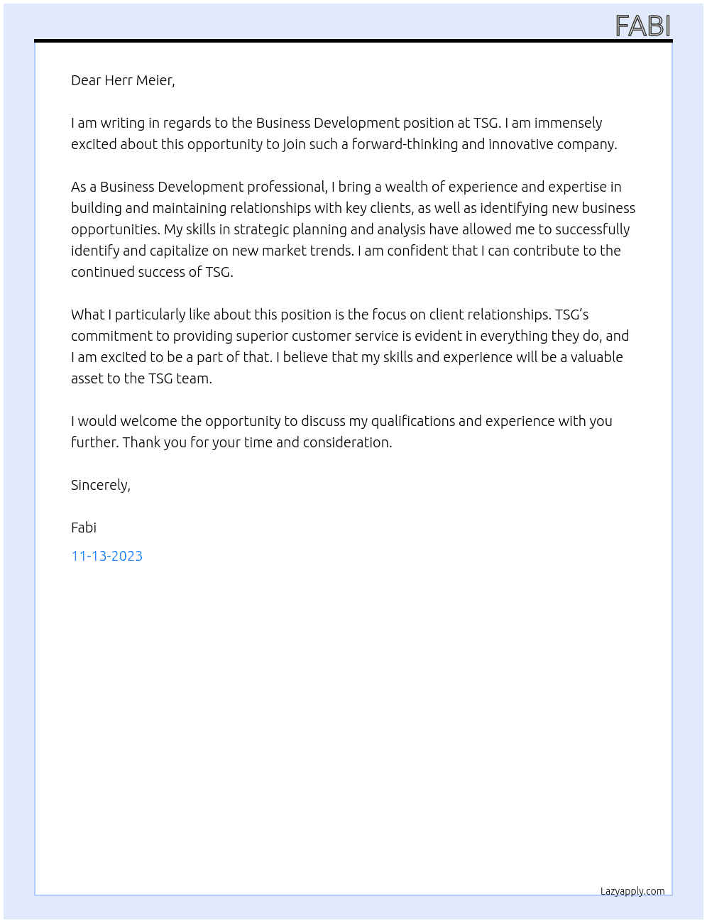 Business Development At TSG Cover Letter