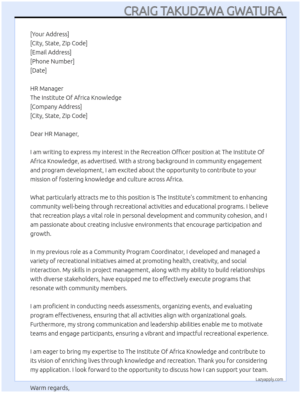 Cover letter for recreation officer - LazyApply