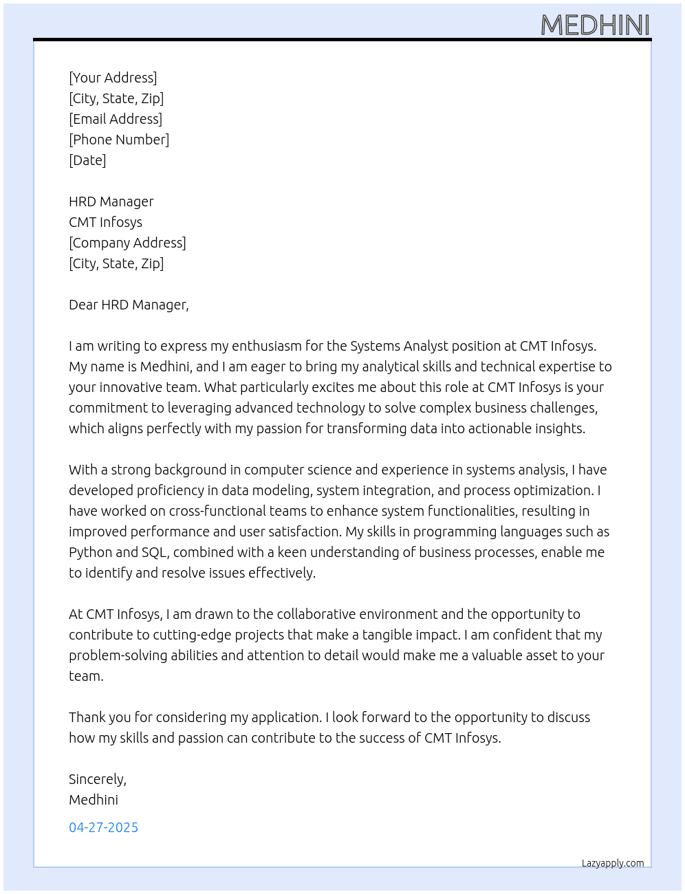 SYSTEMS ANALYST At CMT INFOSYS Cover Letter