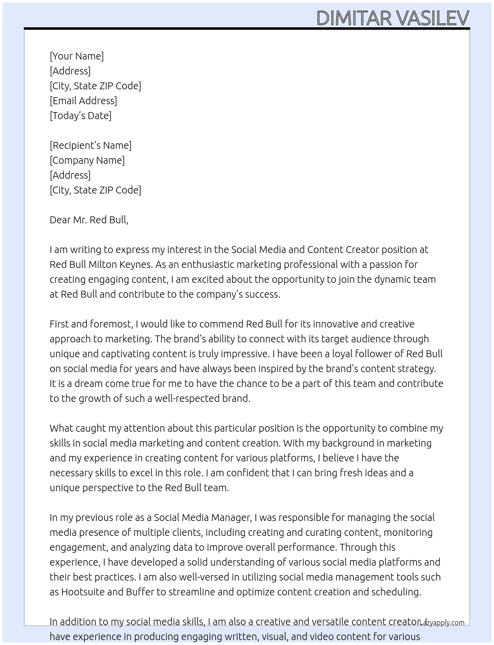 Social media and Content creator At Red Bull Milton Keynes Cover Letter