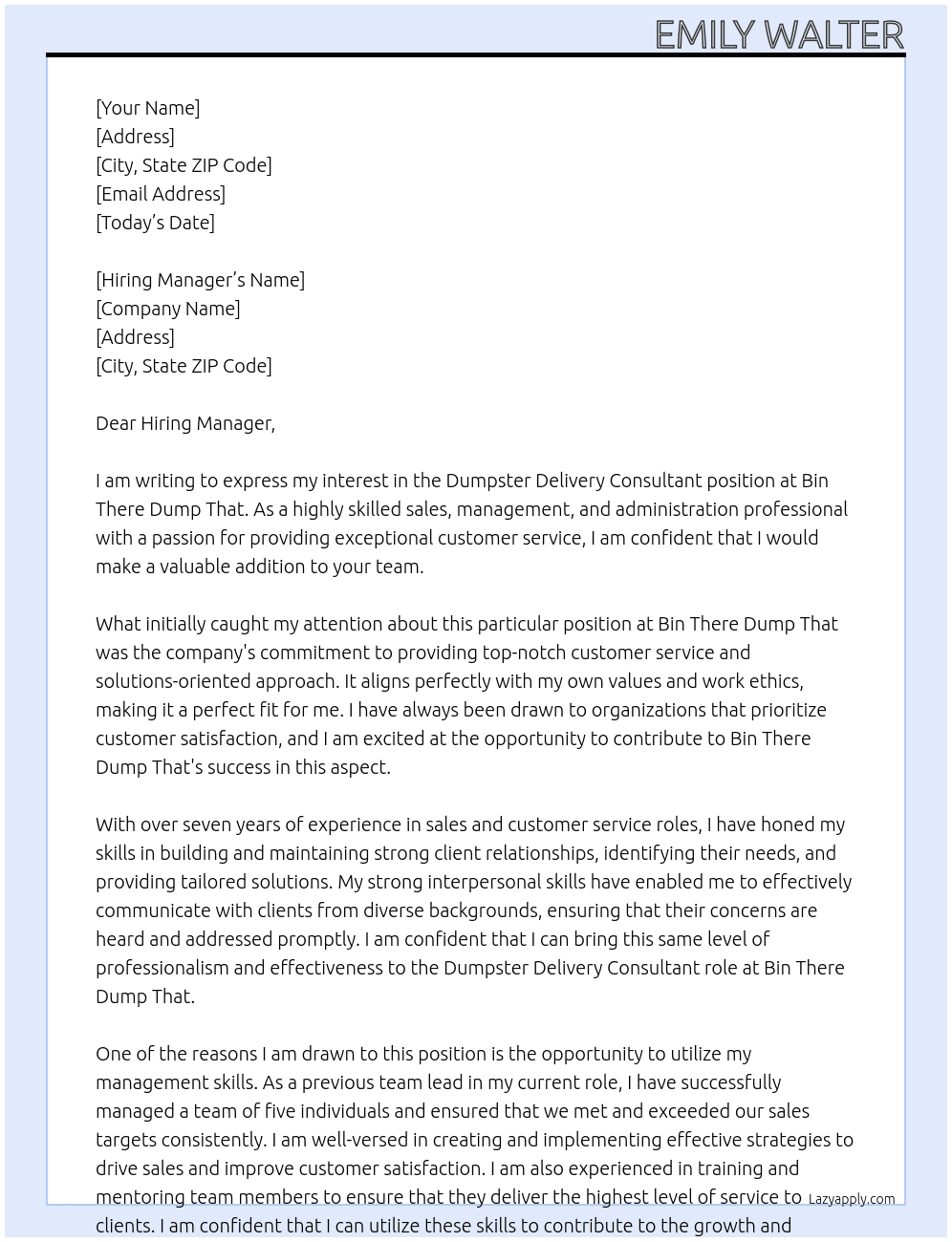 Dumpster Delivery Consultant At Bin There Dump That Cover Letter