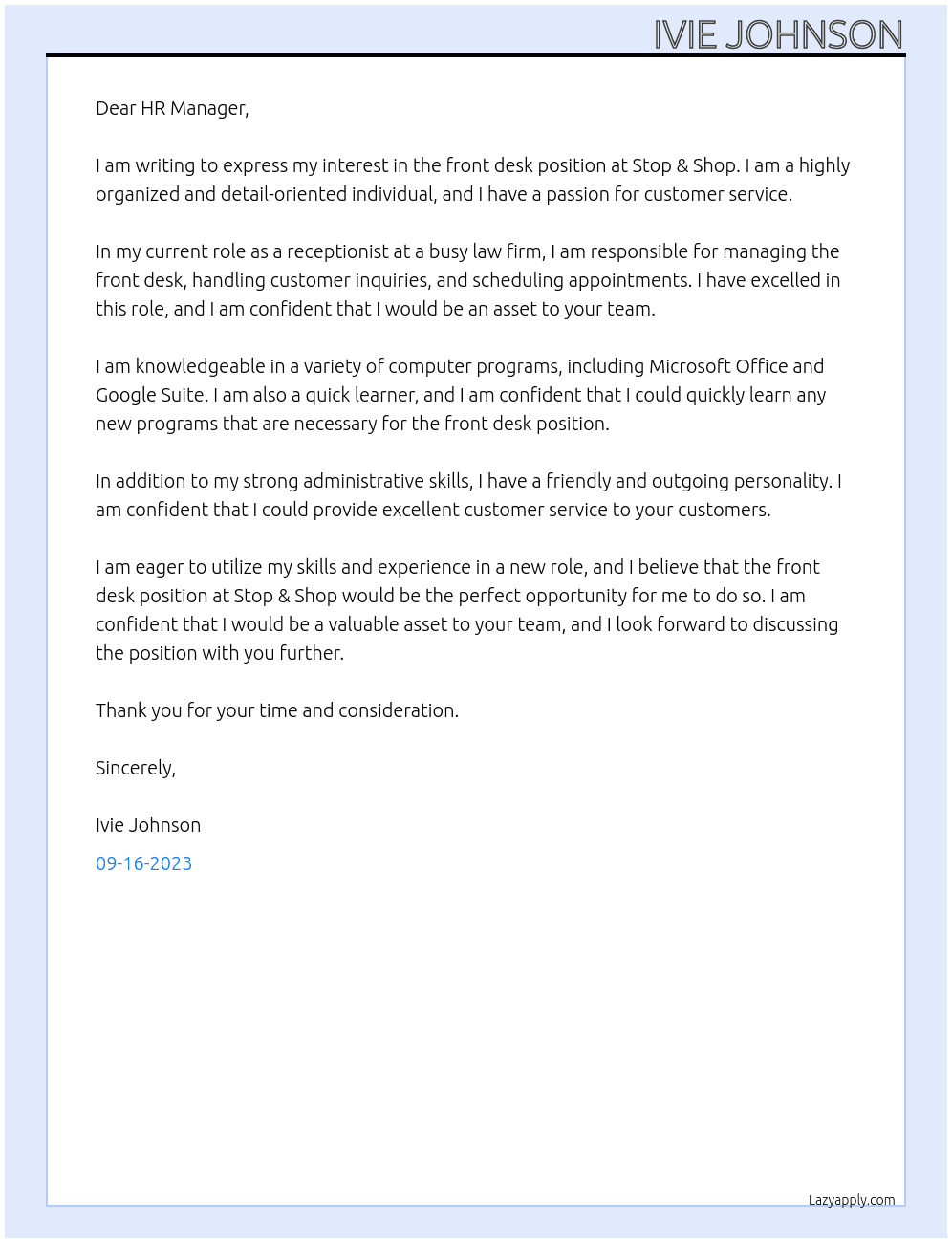 Front desk At Stop & Shop Cover Letter