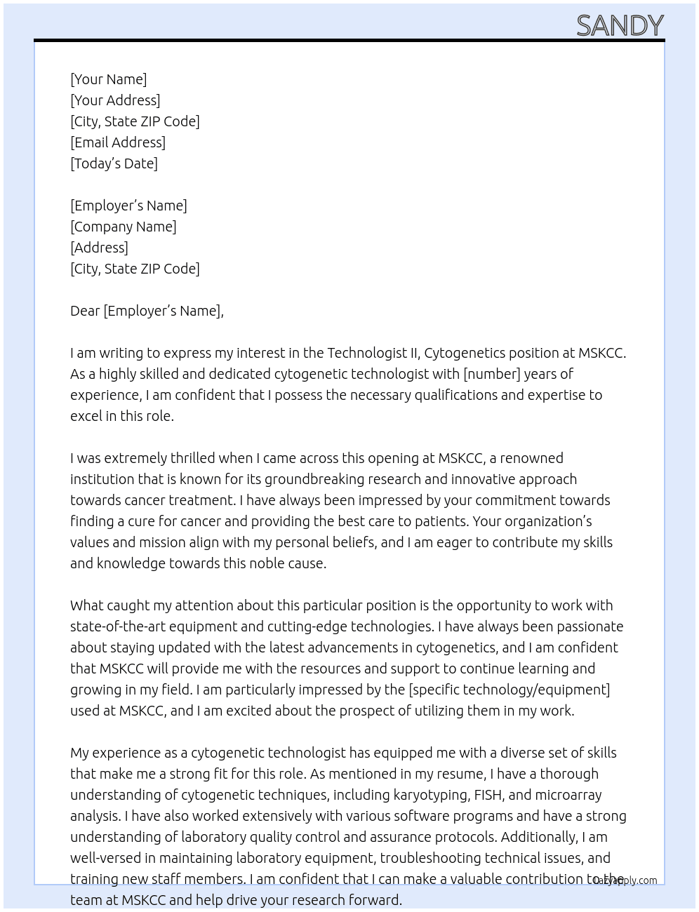 Technologist II, Cytogenetics At MSKCC Cover Letter