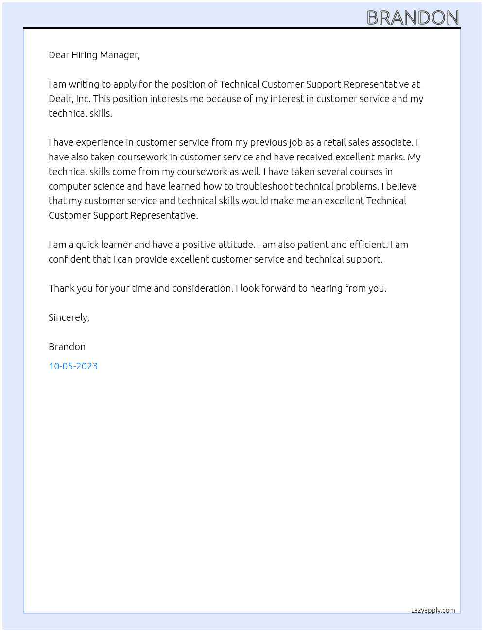 Technical Customer Support Representative At Dealr, Inc. Cover Letter