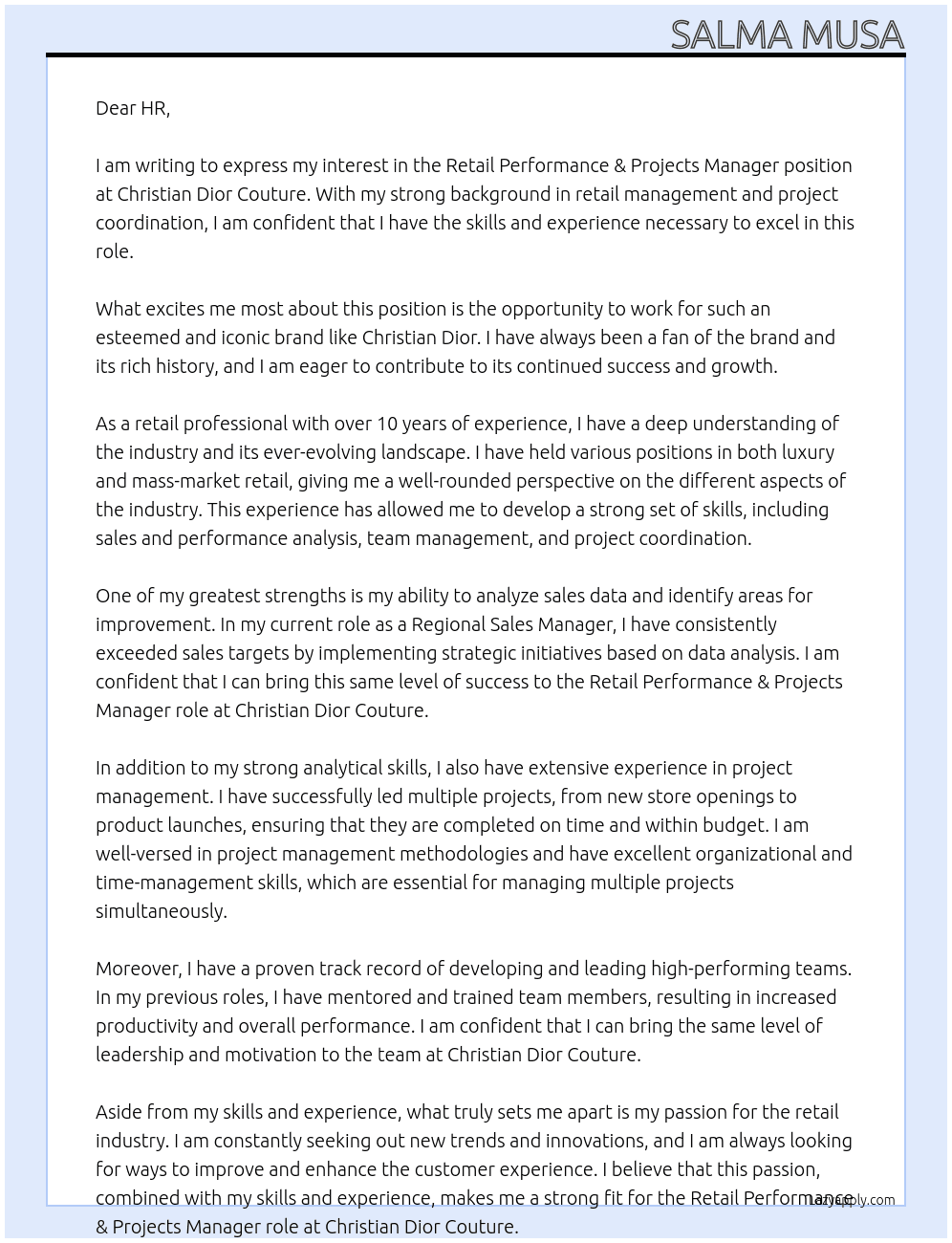 Retail Performance & Projects Manager  At Christian Dior Couture  Cover Letter