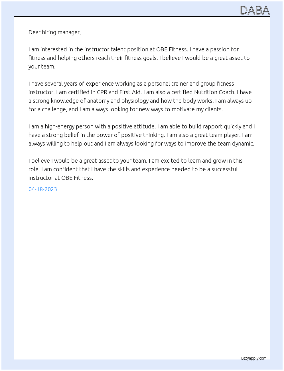 instructor talent At obe fitness Cover Letter