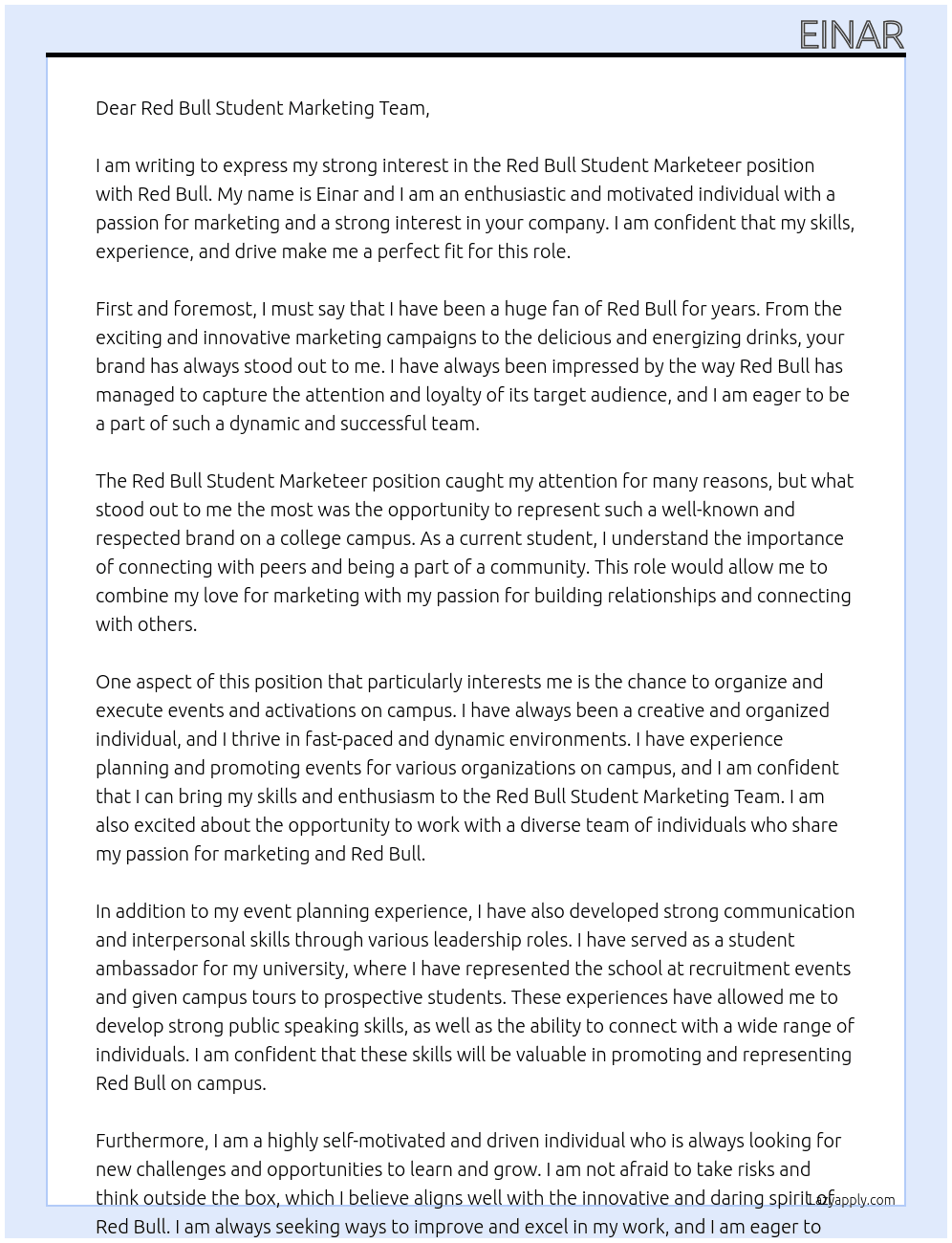 Red Bull Student Marketeer At Red Bull Cover Letter