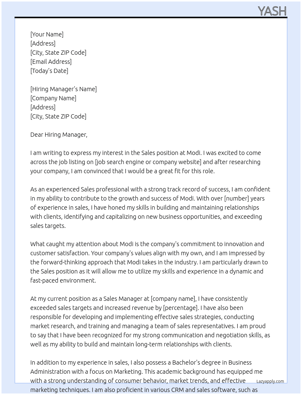 Sales  At Modi Cover Letter