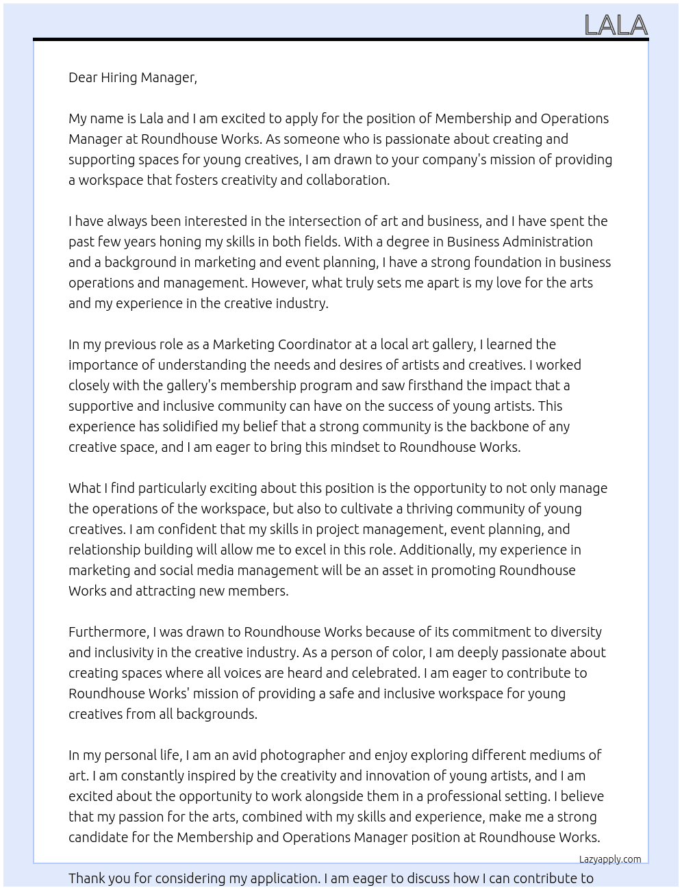 Membership and Operations Manager - Workspace for Young Creatives At Roundhouse Works Cover Letter