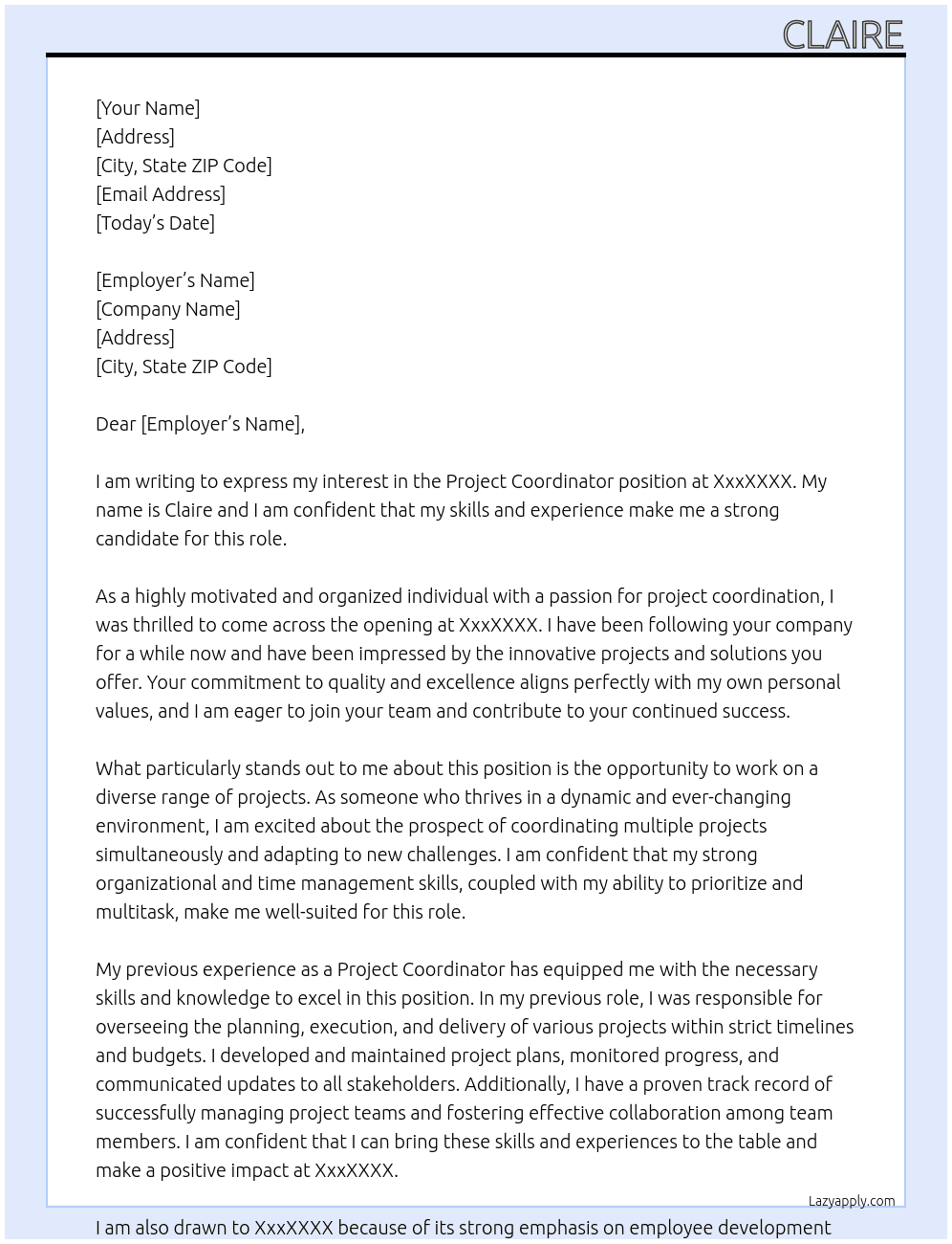 project coordinator At XxxXXXX Cover Letter