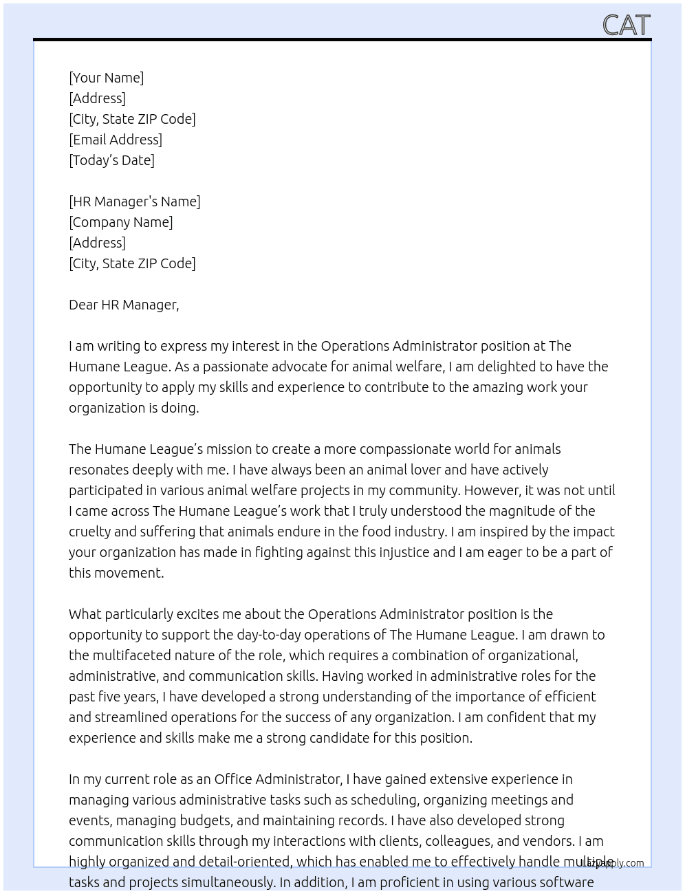 Operations Administrator At The Humane League Cover Letter