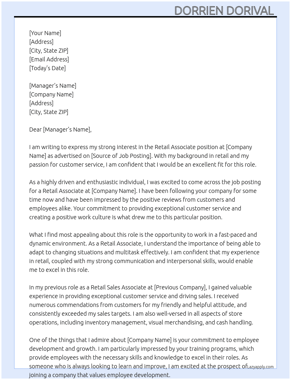 retail associate  At jobs  Cover Letter