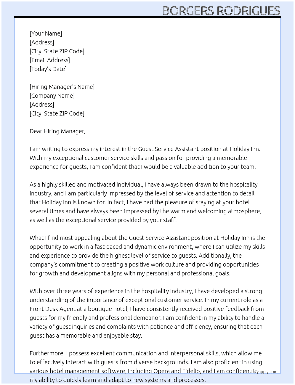 Guest Service Assistant At Holiday Inn Cover Letter