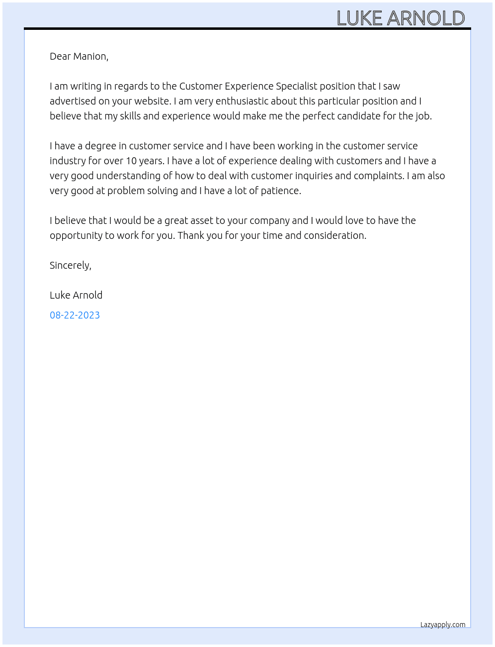 Customer Experience Specialist At Manion  Cover Letter