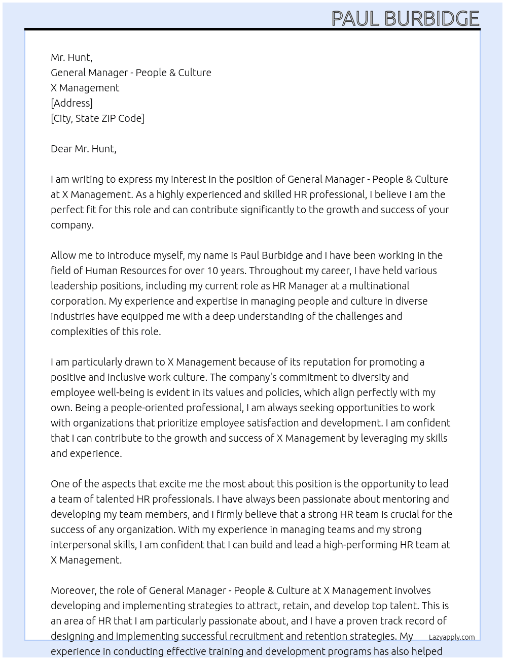 general manager people & culture At x management Cover Letter