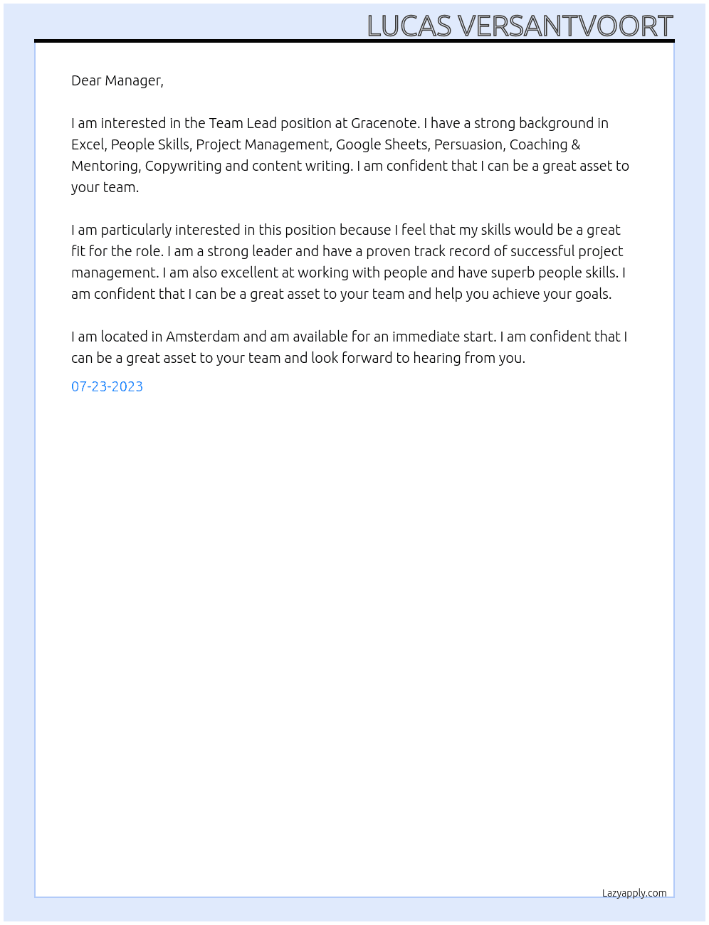 Team Lead At Gracenote Cover Letter