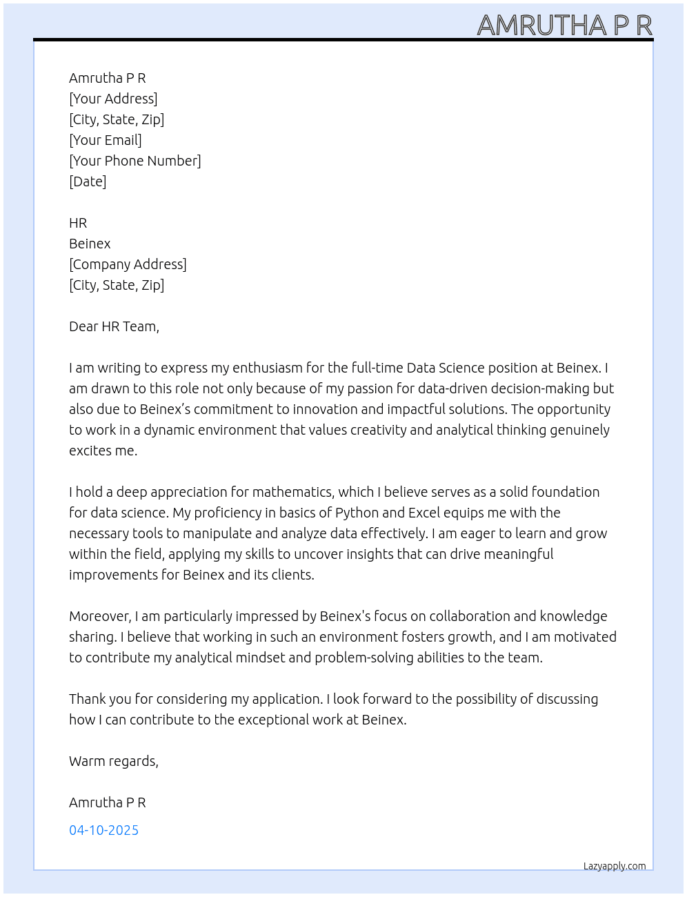 Data science  At Beinex Cover Letter