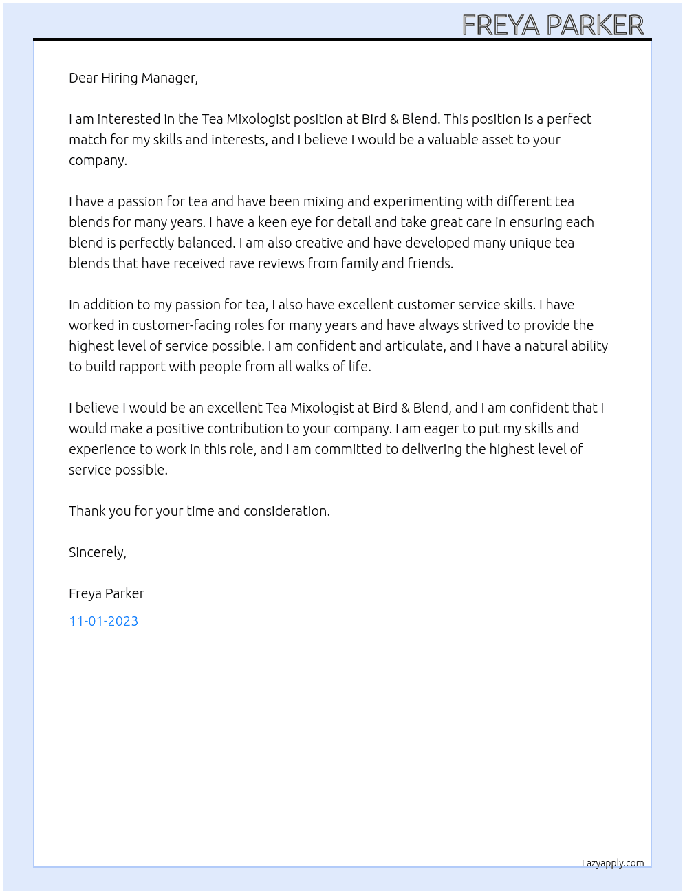 Tea Mixologist  At Bird & Blend  Cover Letter