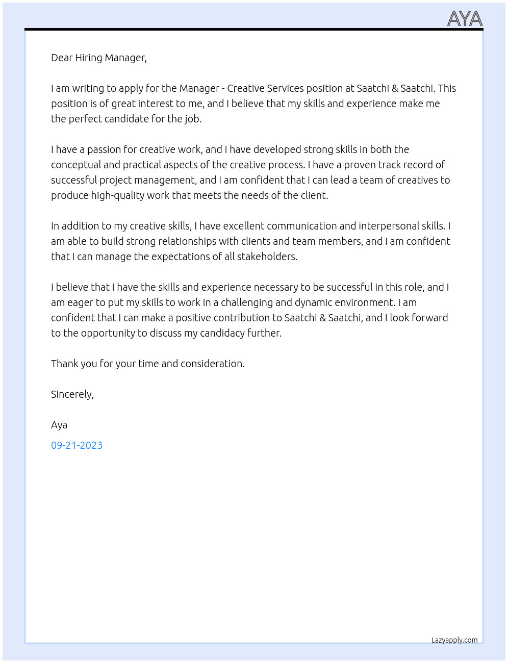 Manager - Creative Services At Saatchi & saatchi Cover Letter