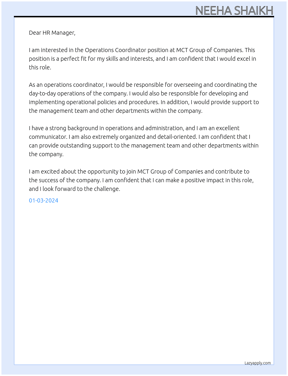 Operations Coordinator At MCT Group of Companies Cover Letter