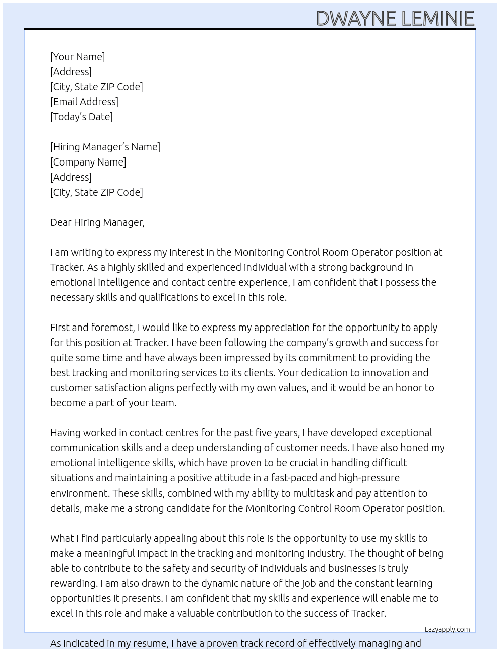 Monitoring control room operator At Tracker  Cover Letter