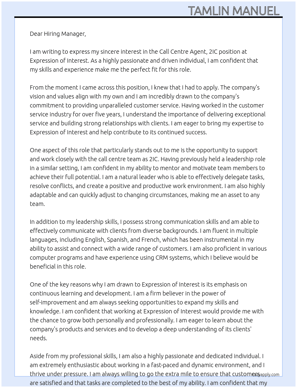 Call Centre Agent, 2IC  At Expression of interest  Cover Letter