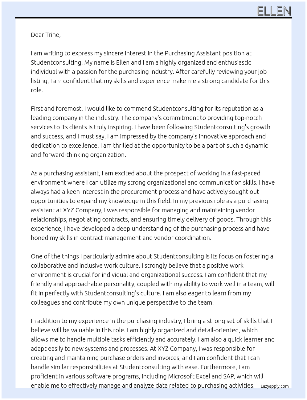 Purchasing assistent At Studentconsulting Cover Letter