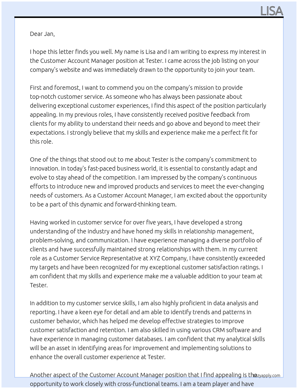 Customer Account Manager At Tester Cover Letter