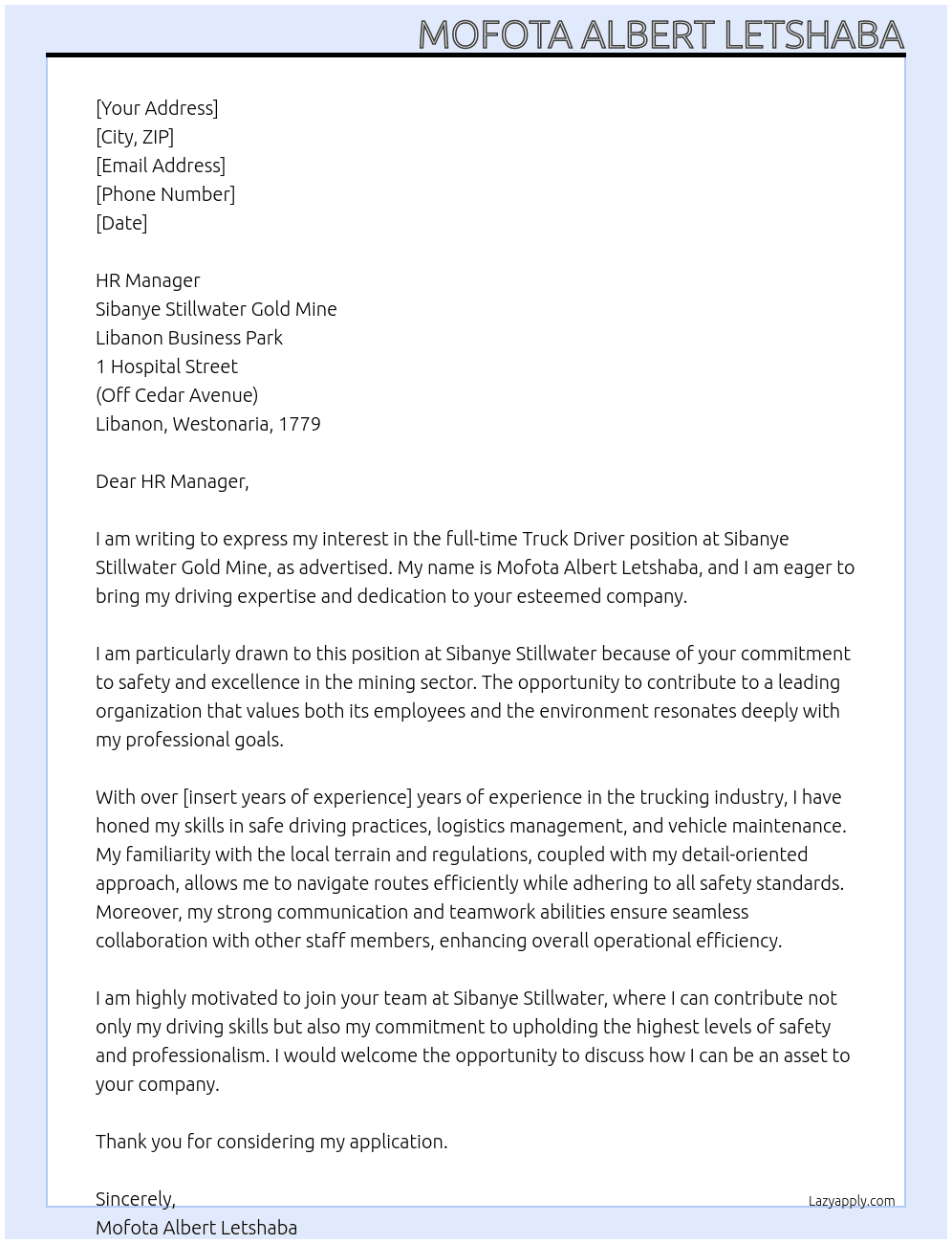Cover letter for truck driver - LazyApply