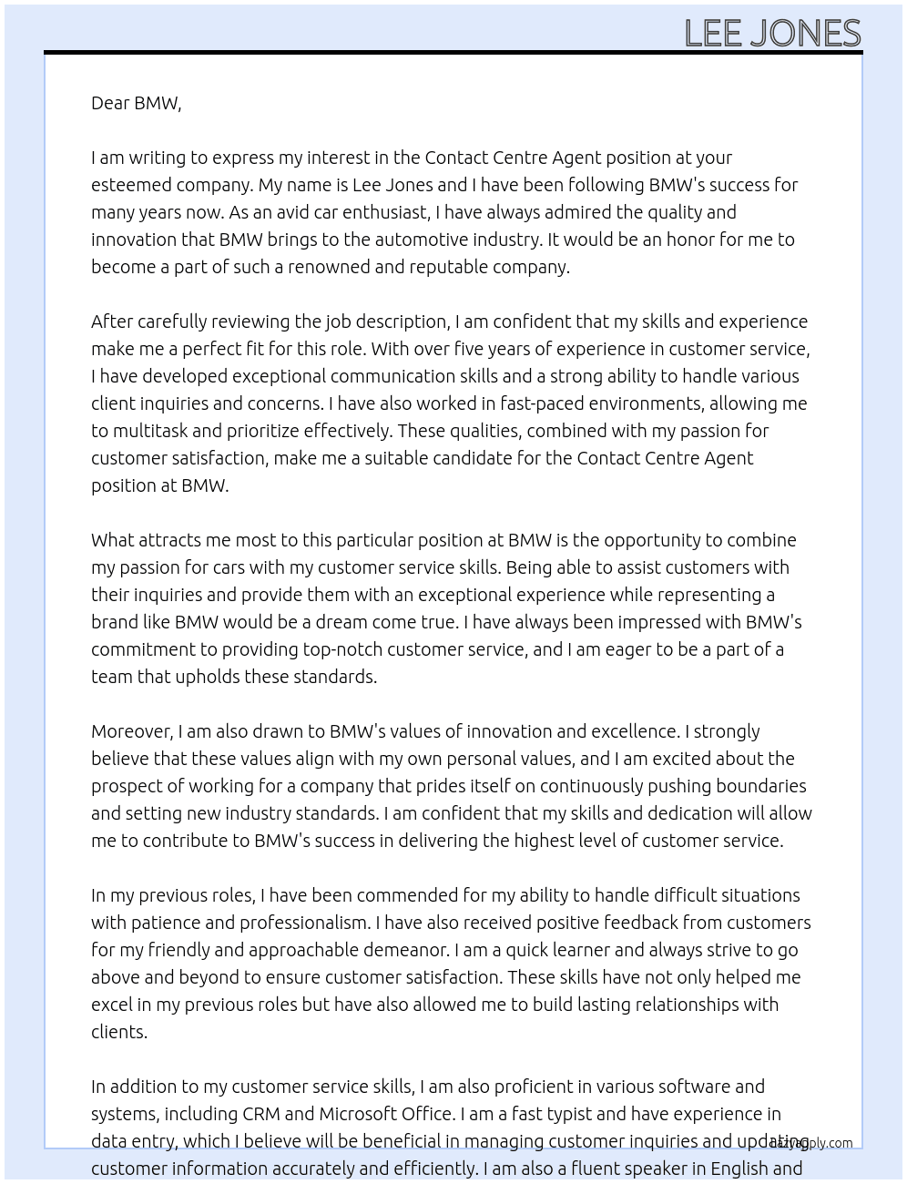 contact centre agent At bmw Cover Letter