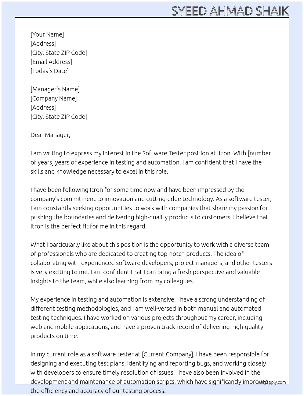 Software tester At Itron Cover Letter