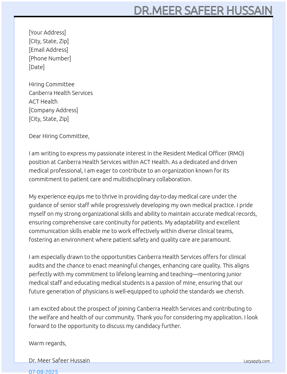Resident medical officer (RMO) At Act health Cover Letter