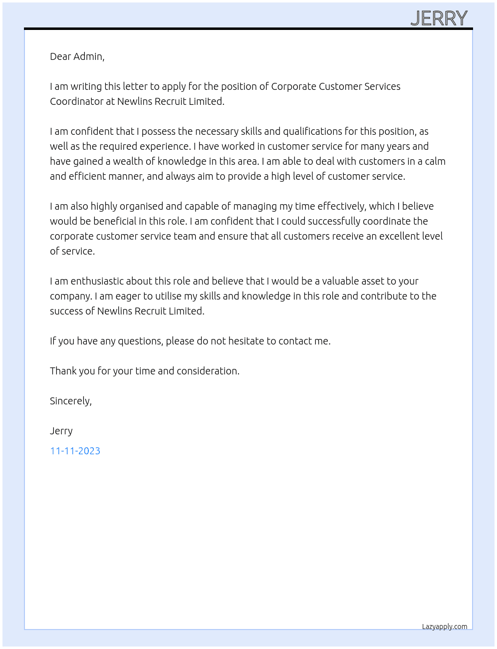 Corporate Customer Services Coordinator At Newlins Recruit Limited Cover Letter