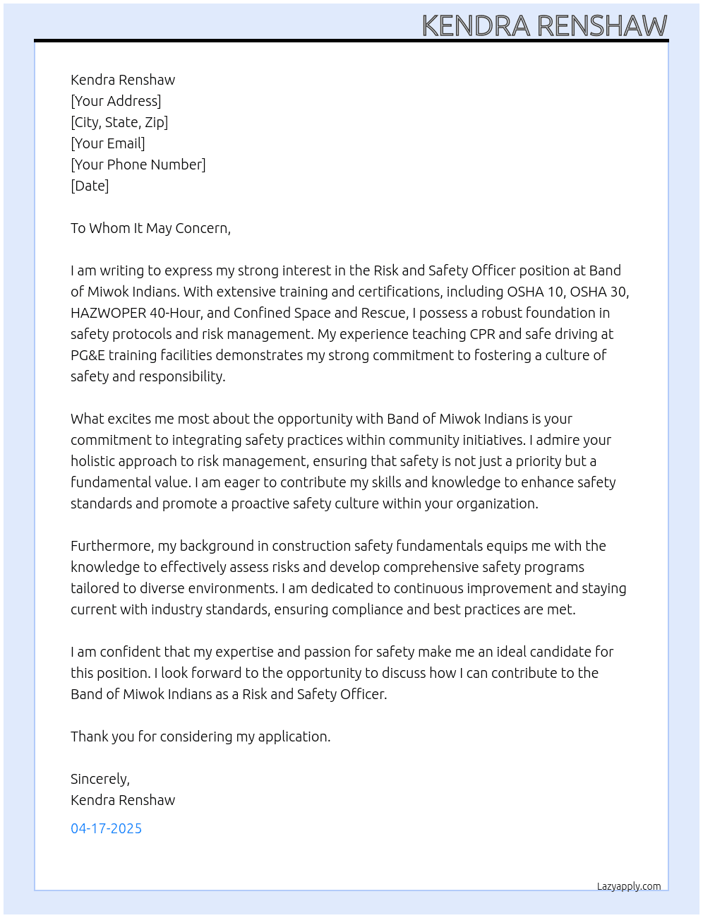 Cover letter for risk and safety officer - LazyApply