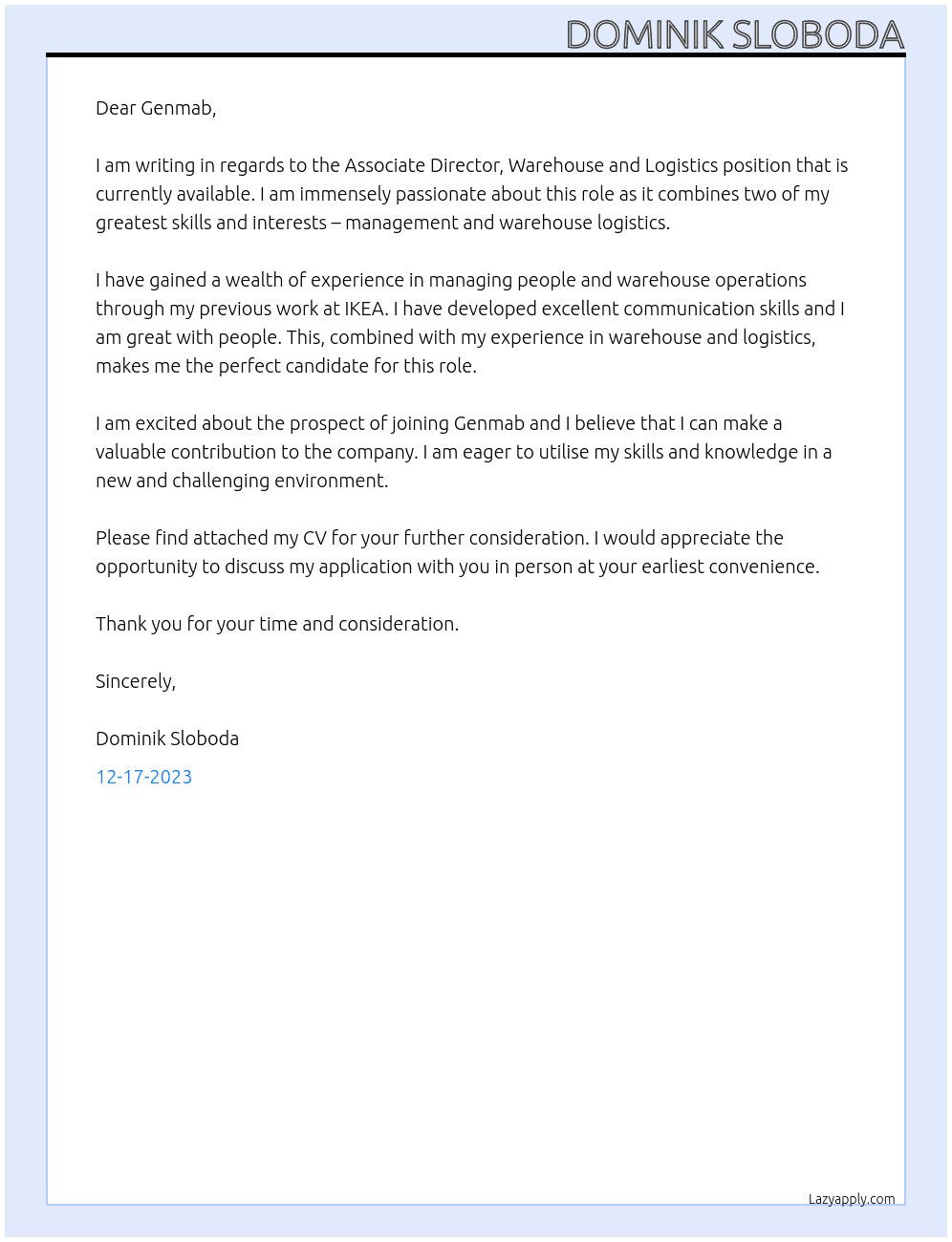 Associate Director, Warehouse and Logistics At Genmab Cover Letter