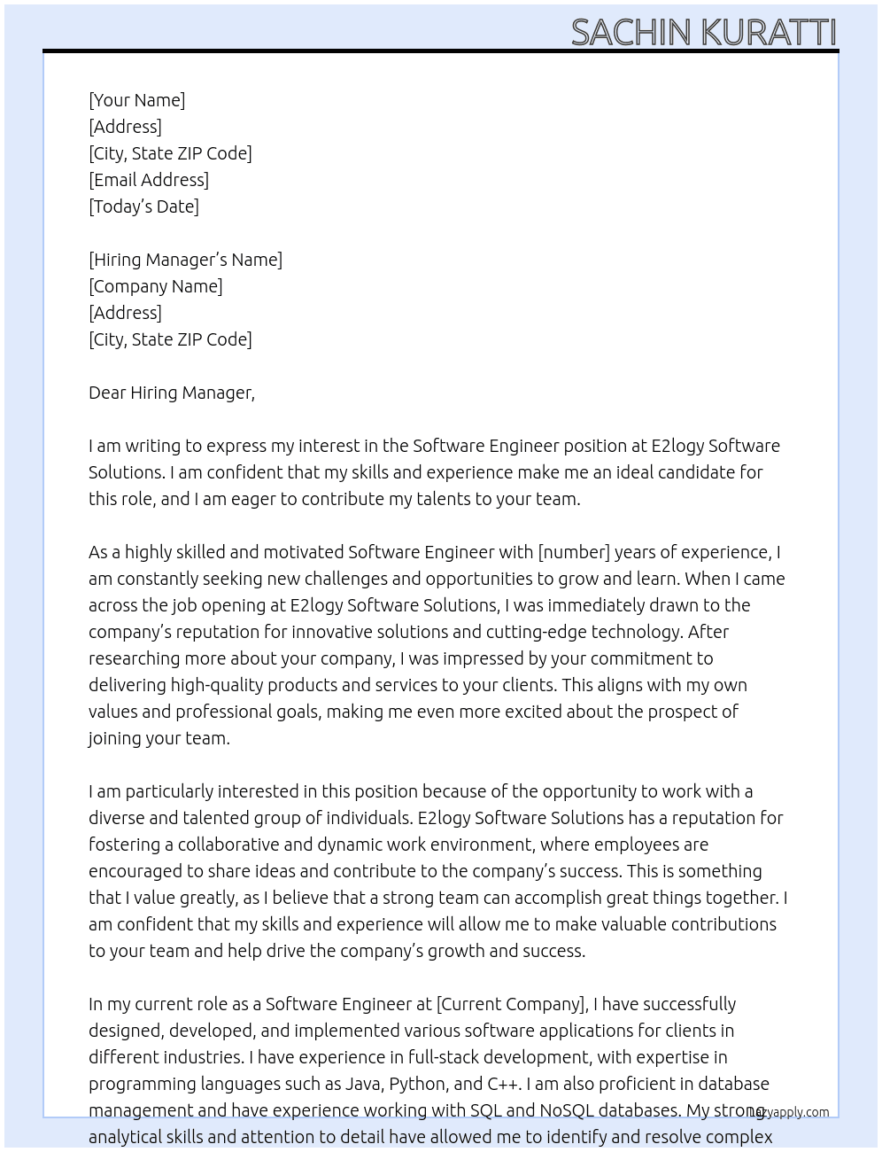 Software Engineer  At E2logy Software Solutions Cover Letter