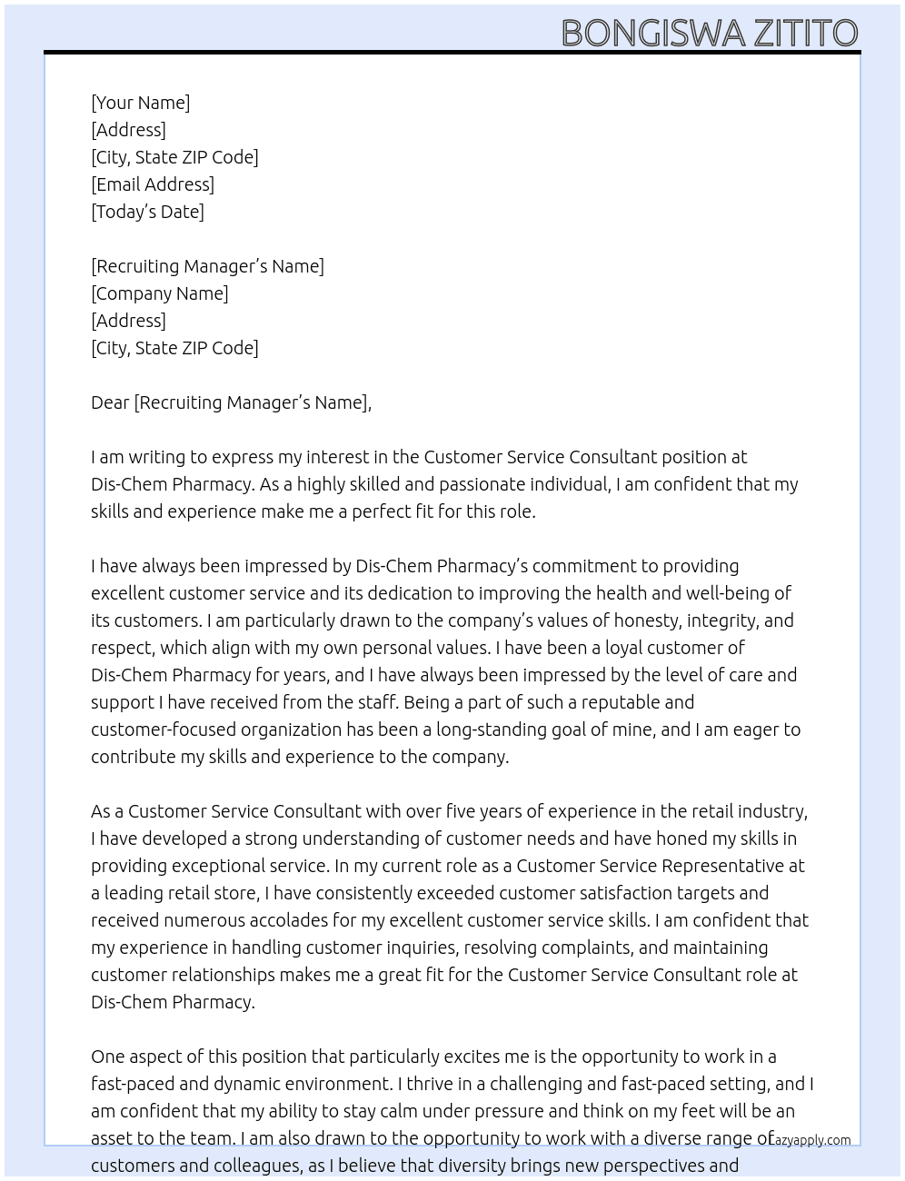 Customer Service Consultant At Dis-Chem Pharmacy Cover Letter