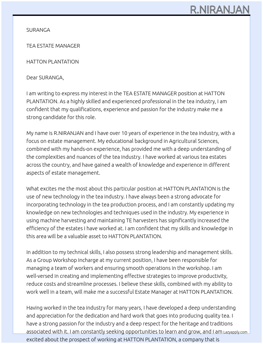 TEA ESTATE MANAGER At HATTON PLANTATION Cover Letter