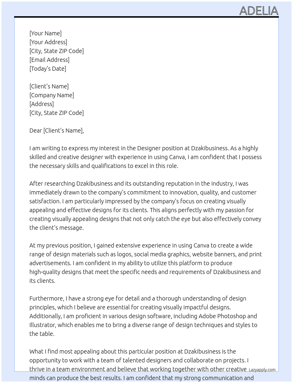 Designer  At Dzakibusiness  Cover Letter