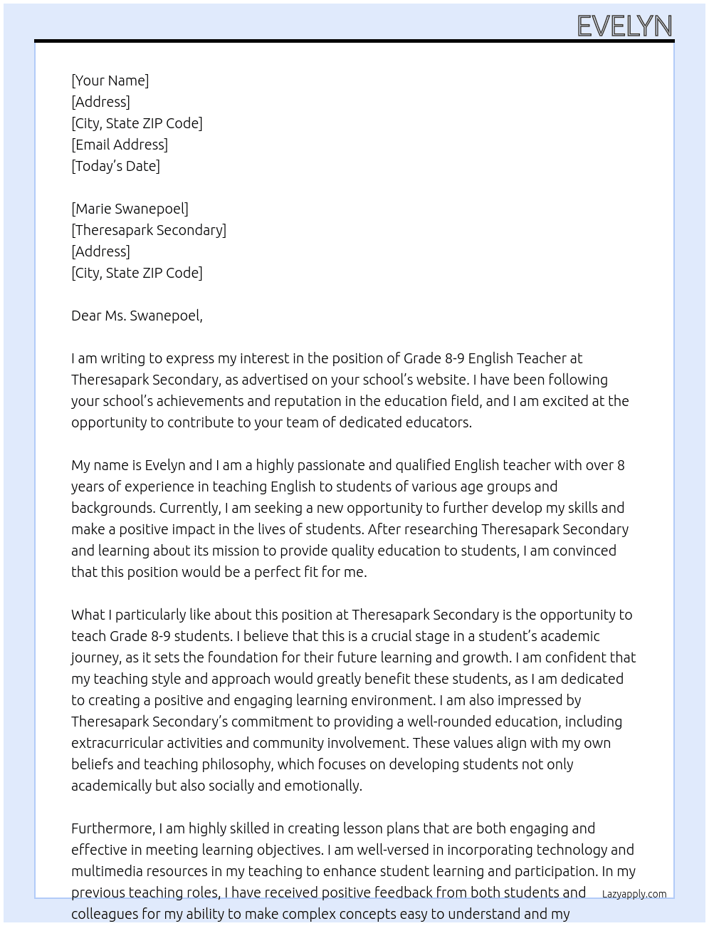 Grade 8-9 English Teacher At Theresapark Secondary Cover Letter